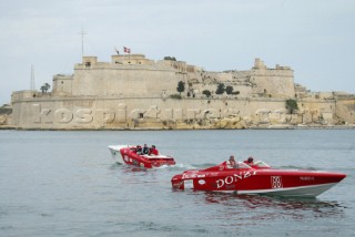 28/5/04.Valletta, Malta:The powerboats prepare for testing infront of       Fort St. Angelo in the port of Valletta