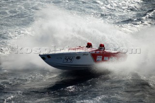 29/5/04.Vallette. Malta: Supersport OSG Junior class, piloted by Angelo Tedeschi Cigarette boat from Napels Italy faired well in the rough conditions off Valletta harbour.