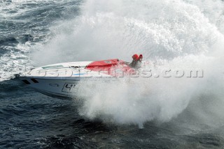 29/5/04.Vallette. Malta: SuperSport class, from Italy Angelo Tedeschi, negotiates the big waves off Sliema and Dragonara.