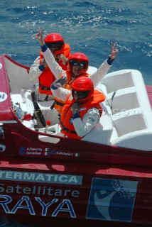 30/5/04. Valletta, Malta: Italian boat from Rome Thuraya -  Claudio Castellani the Driver celebrates their overall win