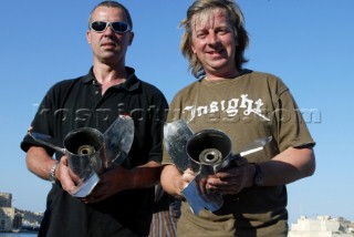 30/5/04 Valletta, Malta: British team Jan Salkowski, and Drew Langdon show off their worn props after the race around the island of Malta