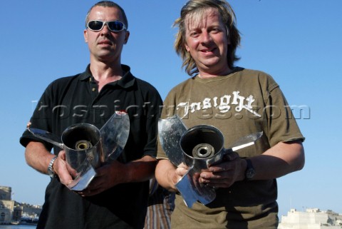 30504 Valletta Malta British team Jan Salkowski and Drew Langdon show off their worn props after the