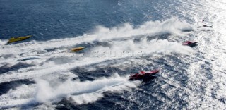 Aerial view of powerboat fleet racing in Malta