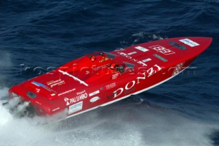 OSG Racing (Boat name: Donzi 38Õ ZR). Nationality: Italy. Class: Evolution. Main Sponsors: Donzi. Hull/Engine Particulars: / 2 MERCRUISER 8V engines. Length of Boat Ð 32Õ 2Ó. Giancarlo Cangiano Ð Owner/Driver. Douglas Valentine Ð Driver/Throttleman/Engineer. HP Ð 980hp per engine. Top Speed Ð 160 km/ph3rd Place in the 2003 Championship.
