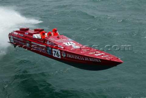 190604 Fumincino Rome  Local boat Thuraya flys round the course in rough conditions to take line hon