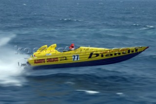 19.06.04. Fiumicino, Rome:.  BIANCHI DINO zooms to second place off the coast of Italy. Nationality: Italian. Class: Evolution. Main Sponsors:. Hull/Engine Particulars: CUV 38Õ/Lamborghini. Length of Boat Ð 11.58m. Aldo Gliori Ð Throttleman and owner. Franco Bianchi - Driver. Best Result in Powerboat P1 World Championship1st in Morocco. 2nd in Nettuno. 2nd overall in the 2003 season in Evolution category.