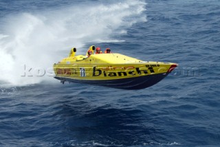 18.06.04 Fumincino, Rome. It was an Itlian day and . DINO BIANCHI managed to negotiate the waves to get second. Nationality: Italian. Class: Evolution. Main Sponsors:. Hull/Engine Particulars: CUV 38Õ/Lamborghini. Length of Boat Ð 11.58m. Aldo Gliori Ð Throttleman and owner. Franco Bianchi - Driver. Best Result in Powerboat P1 World Championship1st in Morocco. 2nd in Nettuno. 2nd overall in the 2003 season in Evolution category.