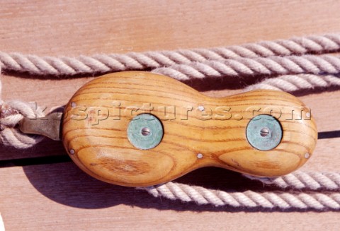 Detail of block and tackle on classic yacht 