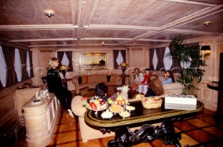 Interior of the elegant three masted classic yacht Creole owned by the Gucci sisters