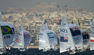 Athens 18 08 2004. Olympic Games 2004  . 4.70 M. 4.7o fleet racing in front of Acropolis.