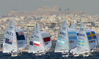 Athens 18 08 2004. Olympic Games 2004  . 4.70 M. 4.7o fleet racing in front of Acropolis.