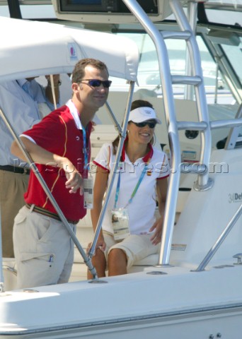 Athens 28 08 2004 Olympic Games 2004   Tornado Prince Felipe de Borbon and his wife Letizia follow  