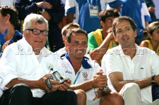 Athens 28 08 2004. Olympic Games 2004  . Star. Prada Chairman PATRIZIO BERTELLI with  CHECCO BRUNI (ITA) and FRANCESCO de ANGELIS at the Star Medal Cerimony in Athens  for the Gold Medal of the Luna Rossa tactitian TOTBEN GRAEL (BRA).