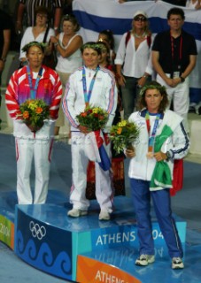Athens 25 08 2004. Olympic Games 2004  . Mistral FFAUSTINE MERRET (FRA) Gold. LEE LAI SHAN (HKG)  Silver. ALESSANDRA SENSINI (ITA) Bronze