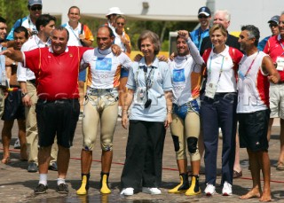 Athens 26 08 2004. Olympic Games 2004  . 49 er. Queen of Spain Sofia and the Infanta Cristina. MARTINEZ - FERNANDEZ (ESP). Gold Medal