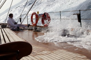 Water on the leward rail on board classic yacht Eleanora during the Voiles de St Tropez 2004