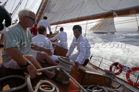 Crew trimming sails on board classic yacht Eleanora during the Voiles de St Tropez 2004