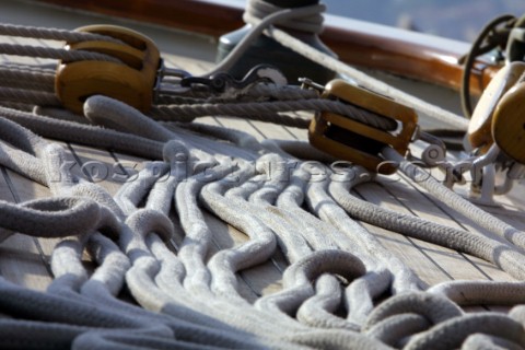 Sheets and blocks on the deck of classic yacht 