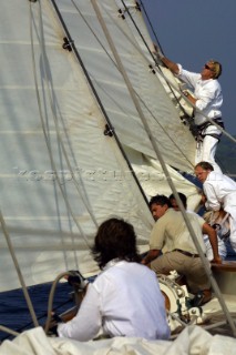 Crwe prepare for a sail change on board classic yacht Eleanora during the Voiles de St Tropez 2004