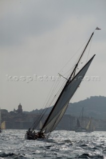 Classic sloop sailing in choppy sea of St Tropez
