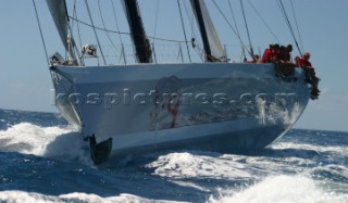 Marie Cha V with damaged bow during Antigua Race Week 2004