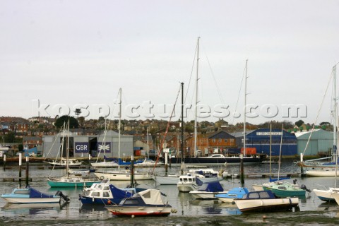 The FBM yards hanger on the Medina river in Cowes Isle of Wight which is the new head quarters of GB