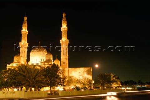 Mosque lit by night Dubai  United Arab Emirates   