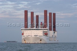 Construction of Windfarm on the Kentish flats in the Thames estuary off Whitstble Kent. The construction ship Resolution