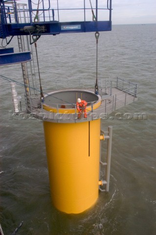 Construction of Windfarm on the Kentish flats in the Thames estuary off Whitstble Kent Onboard the c