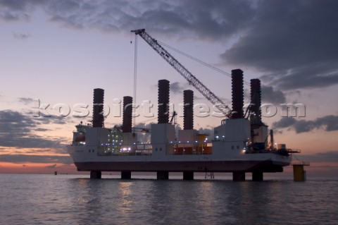 Construction of Windfarm on the Kentish flats in the Thames estuary off Whitstble Kent The construct