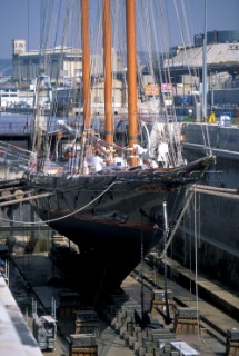 Classic schooner in dry dock for repairs.
