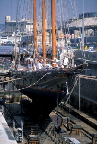 Classic schooner in dry dock for repairs