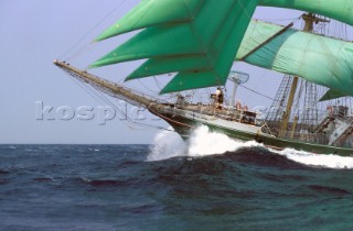 Green sails and bow sprit of tall ship Alexander von Humbolt