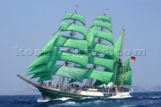 Green sails and bow sprit of tall ship Alexander von Humbolt