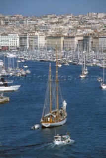 Yacht entering Marseilles harbour, France