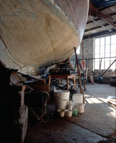 Hull undergoing restoration at traditional boat builders Littlehampton Sussex