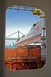 G Class catamaran Cayenne loaded on a container ship in the Port of Antwerp, Belgium