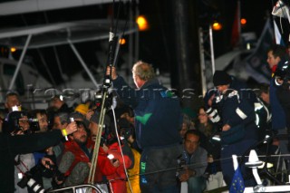 A relieved sailor Mike Golding on the Open 60 Ecover arriving in Les Sables dOlonne in France at the end of the Vendee Globe 2004/2005 after his keel fell off the yacht 52 miles from the finish