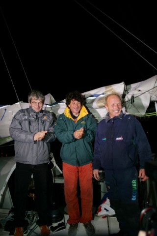 Congratulated by winner Vincent Riou of PRB and Jean Le Cam of Bonduelle British Open 60 sailor Mike