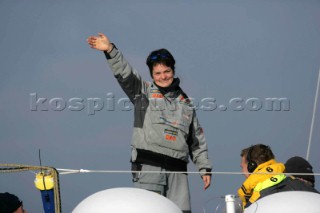 Ellen MacArthur on trimaran B&Q. The fastest solo sailor on the planet. Sailed around the world with a new record of 71 days 14 hours and 18 mins 33 seconds.