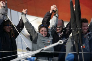 Ellen MacArthur of trimaran B&Q. The fastest solo sailor on the planet. Sailed around the world with a new record of 71 days 14 hours and 18 mins 33 seconds.
