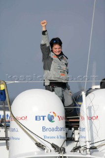 Ellen MacArthur of trimaran B&Q. The fastest solo sailor on the planet. Sailed around the world with a new record of 71 days 14 hours and 18 mins 33 seconds.