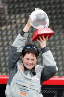 Ellen MacArthur of trimaran B&Q winning the round the world solo sailing record of 71 days, 14 hours and 33 seconds