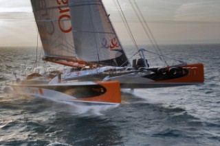 Arrival of maxi cat Orange skippered by Bruno Peyron in Brest at the end of the successful Jules Verne 2005 setting a new round the world record time of 50 days, 16 hours, 20 mins and 4 secs!