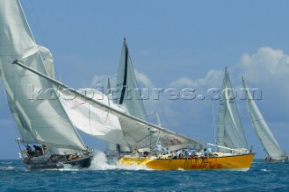 Antigua Sailing Week 2003. Swan 65 Kings Legend collides with World of Tui, ripping out backstays and dismasting her.