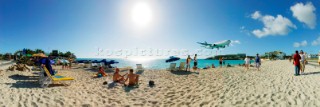 Airplane landing over Mullet Bay beach, St. Maarten (180 degree panorama)