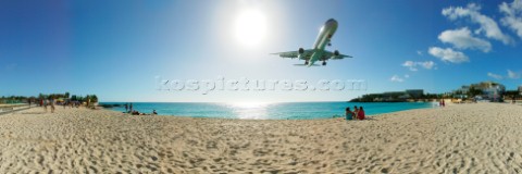 Airplane landing over Mullet Bay beach St Maarten 180 degree panorama