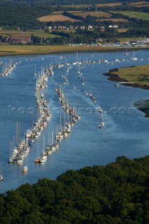 Aerial view of yachts moored on the river Hamble, UK