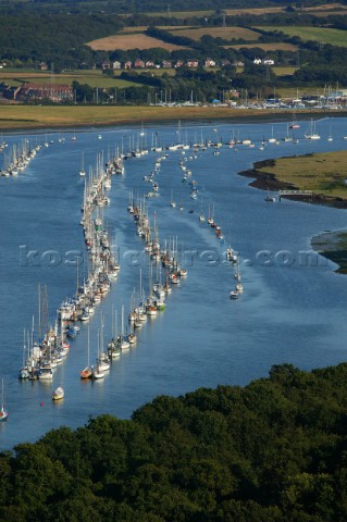Aerial view of yachts moored on the river Hamble UK