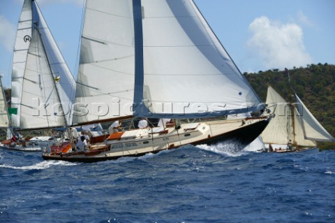 Antigua Classic Yacht Regatta 2005 SIMBA 1964 35ft Cheoy Lee LionClass Sloop passing VELSHEDA